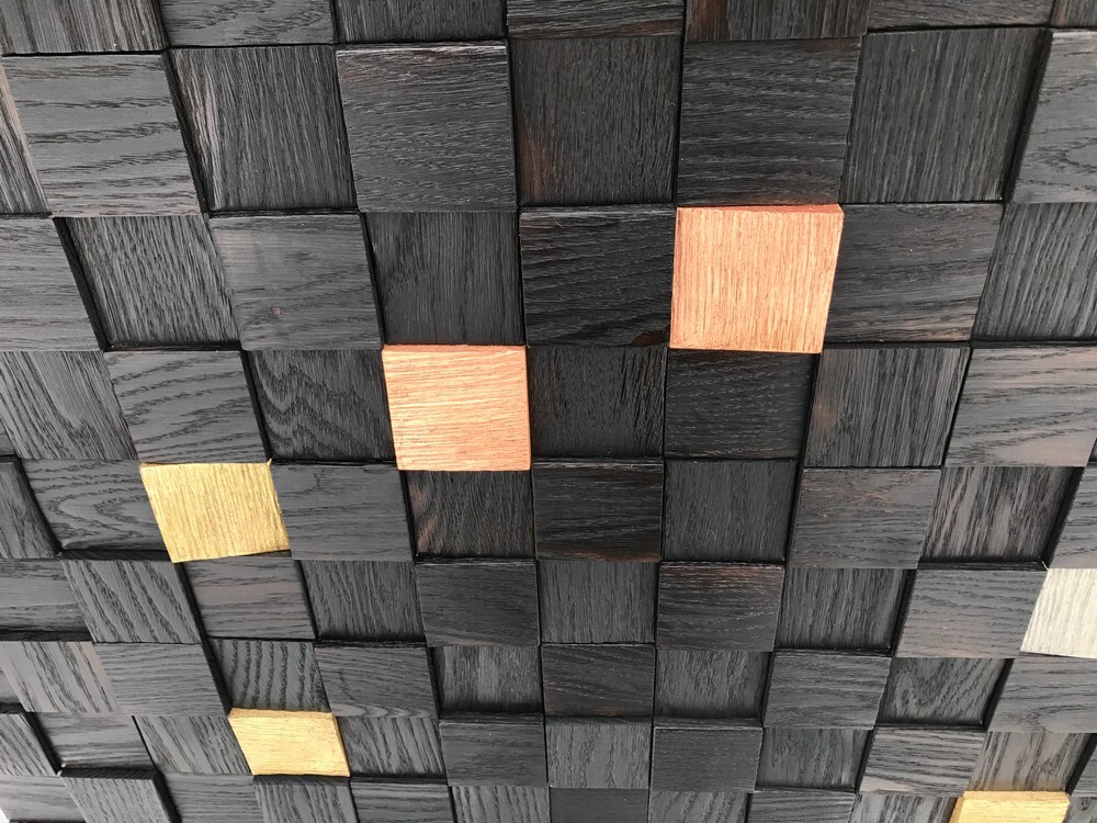 3D мозаика из дерева (дуб), умеренный обжиг, колеровка черный с золотыми,  серебряными, бронзовыми вставками по цене 1744 руб./лист! Артикул: 47202.  Цвет: бронзовый, золотой, серебряный, черный. Материал: дерево